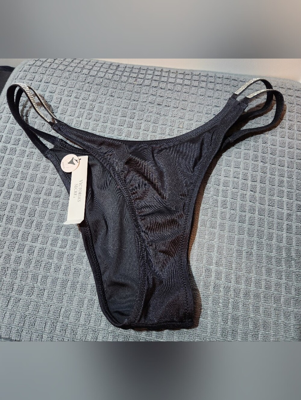 NWT Victoria's Secret Womens Size M Rhinestone Logo Strap Black Bikini Panty